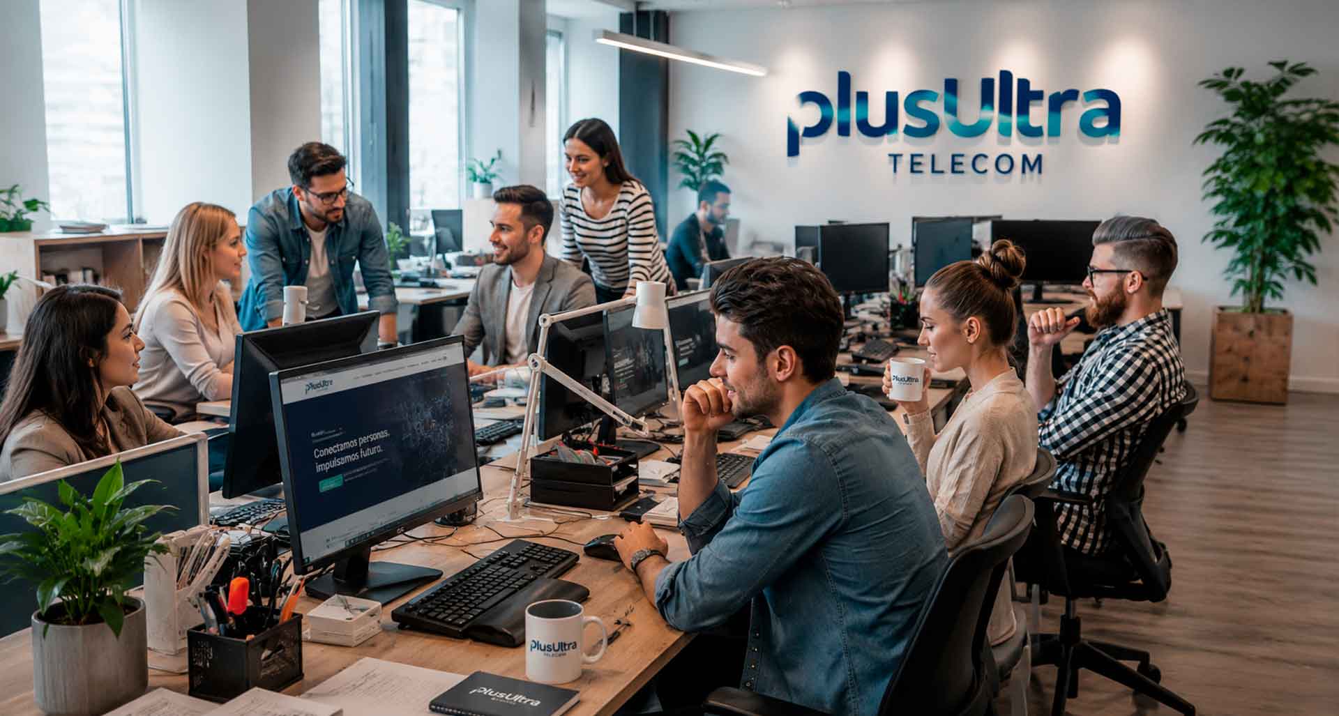 Equipo de PlusUltra Telecom trabajando en oficina